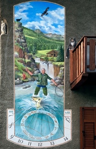 meridiana, numeri, pescatore, balcone, pesce, legno, murales, gatto, muro, dipinto, acqua, aquila, murale, ore