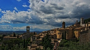 nuvole, cielo, campanili, case, alberi, panorama, paese, torre, borgo, chiese, campanile, verde, paesaggio, azzurro, torri