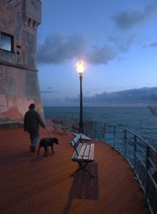 lampione, cane, mare, panchine, uomo, panchina