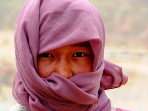 occhi, donna, viso, rosa, viola, foulard, sguardo, naso, copricapo