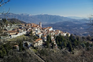 panorama, case, paese, montagne, alberi, collina, montagna, borgo, paesaggio, tetti, cielo, rami, campanile