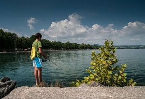 alberi, nuvole, pescatore, cielo, acqua, lago, canna, zaino, pescare, ragazzo, pesca, fiume, verde, giallo, mare, piante