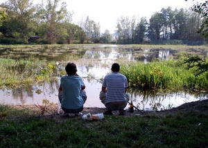 due, lago, pescare, alberi, pescatori, acqua, persone, verde, piante