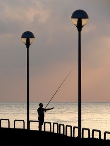 mare, lampioni, pescatore, canna, due, acqua, silhouette, tramonto