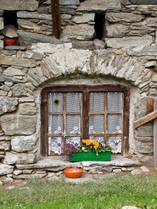 finestra, fiori, vaso, pietre, erba, arco, scodella, tendine, tende
