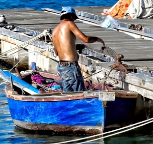 barca, pescatore, blu, mare, corde, molo, acqua, uomo, reti, cappello