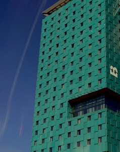 grattacielo, finestre, verde, cielo, palazzo, blu, scia