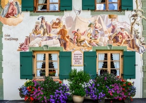 finestre, fiori, murales, persiane, ante, tende, due