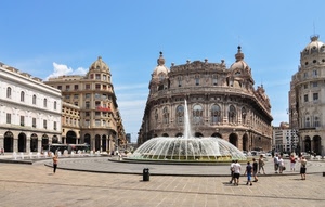 fontana, piazza, palazzi, acqua, persone, genova, portici