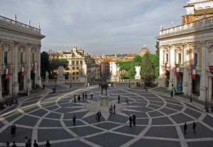 piazza, monumento, palazzi, bandiere, persone, geometrie, roma, statua, cavallo, alberi