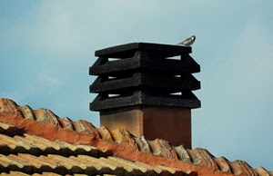 tetto, tegole, comignolo, uccello, cielo, nero, camino