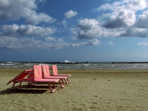 mare, nuvole, sabbia, spiaggia, sdraio, rosa, onde