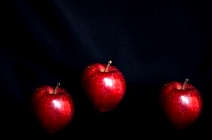 mele, tre, rosso, picciolo, rosse, nero, frutta, riflessi, cibo