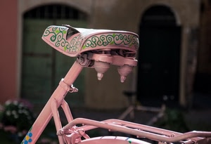 rosa, bicicletta, sella, sellino, molle, bici, verde, portapacchi, disegni, fiori, sfocato, porte, archi, decorazioni