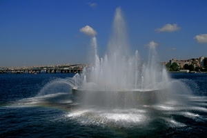fontana, acqua, mare, zampilli, cielo, spruzzi, nuvole, lago, ponte