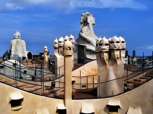comignoli, cielo, scale, tetto, azzurro, tetti, barcellona