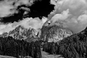 nuvole, montagne, cielo, alberi, bianconero, montagna