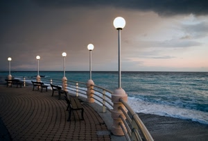 mare, lampioni, panchine, lungomare, nuvole, ringhiera, terrazza, luci, tramonto