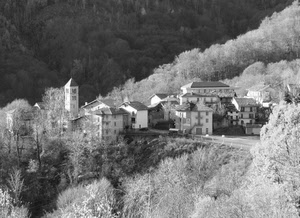 case, alberi, bianconero, paese, campanile, paesaggio, montagna, nero, panorama, bianco