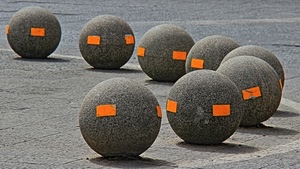 sfere, arancione, grigio, pietra, otto, palle, piazza, strada, arancio
