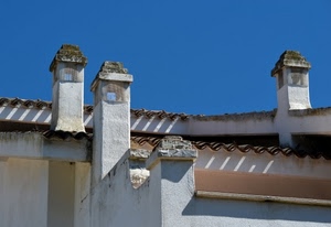 comignoli, azzurro, cielo, tetto, tegole, bianco, tetti, tre, quattro