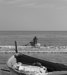 mare, remi, barche, barca, onde, acqua, orizzonte, bianconero
