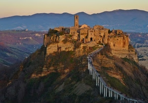 campanile, ponte, borgo, panorama, montagne, case, cielo, paese, viadotto, strada, bagnoregio