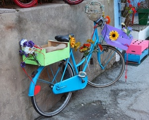 bicicletta, fiori, cestino, cassetta, ruote, azzurro, azzurra, cassette