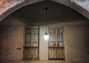 lampione, balconi, arco, finestre, tende, luce, porte, casa, ringhiere, balcone, ringhiera, due, ferro
