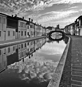 ponte, canale, nuvole, riflesso, bianconero, acqua, fiume, riflessi, case