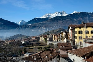 neve, montagne, panorama, case, montagna, tetti, borgo, paese, vette, cielo