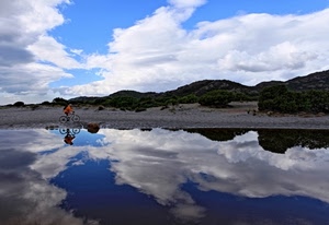 nuvole, riflesso, acqua, bicicletta, cielo, lago, ciclista, riflessi