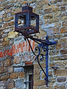 mattoni, ferro, lampione, muro, finestra, lanterna, blu, casa, inferriata, sostegno