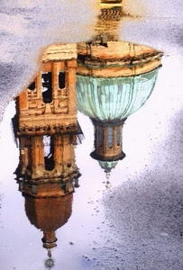 cupola, riflesso, pozzanghera, acqua, campanile, chiesa, asfalto
