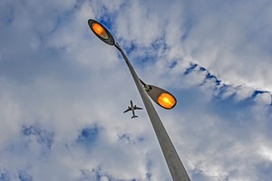 aereo, nuvole, luci, lampione, cielo, due, lampioni, palo, luce