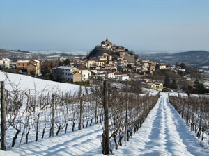neve, filari, case, inverno, chiesa, viti, paesaggio, borgo, vigneto, paese, panorama, prospettiva, campanile, cucuzzolo, bianco, colline, cielo, collina