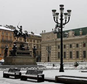 neve, panchine, lampione, monumento, piazza, statue, lampioni, inverno, statua