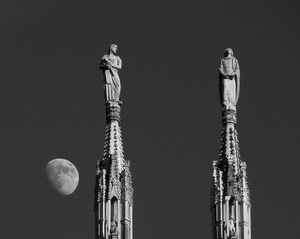 luna, statue, guglie, bianconero, due, cielo, duomo