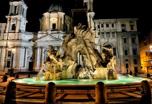 fontana, acqua, notturno, notte, statue, luci, chiesa, piazza, palazzo
