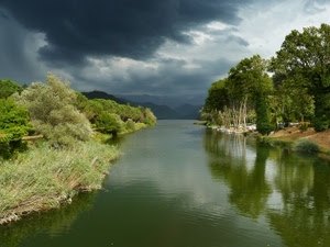 fiume, alberi, nuvole, acqua, verde, cielo, riflesso, riflessi