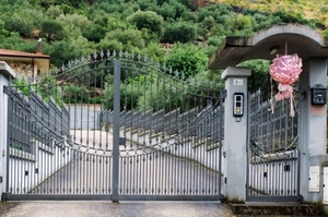cancello, alberi, rosa, fiocco, verde, citofono, ferro, strada, entrata