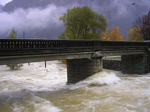 fiume, ponte, alberi, acqua, nuvole, piena, maltempo