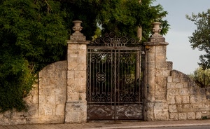 cancello, muro, alberi, ferro, pilastri, vasi, pietre, ingresso, verde, cielo