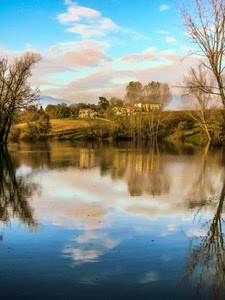 riflesso, alberi, nuvole, acqua, lago, fiume, case, paesaggio, cielo