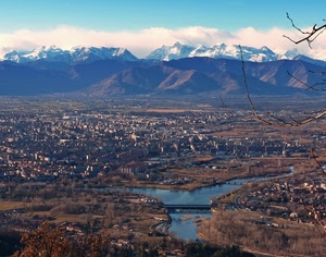 fiume, panorama, montagne, neve, città, montagna, ponte, rami
