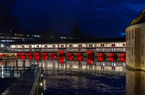 acqua, rosso, ponte, notturno, archi, riflesso, notte, fiume, luci