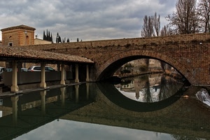 ponte, riflesso, acqua, fiume, arco, colonne, alberi, lavatoio, nuvole, cielo, riflessi
