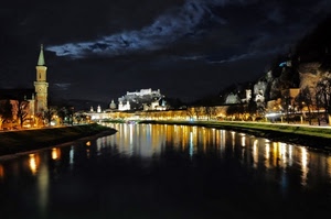 fiume, notte, campanile, riflessi, notturno, acqua, luci, nuvole, panorama, città, riflesso, buio