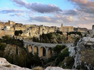 ponte, rocce, panorama, nuvole, città, archi, paese, cielo, chiesa, viadotto, colonne, gravina
