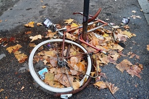 foglie, palo, ruota, bicicletta, autunno, bici, raggi, rosso, gomma, rottame, strada, abbandono, asfalto